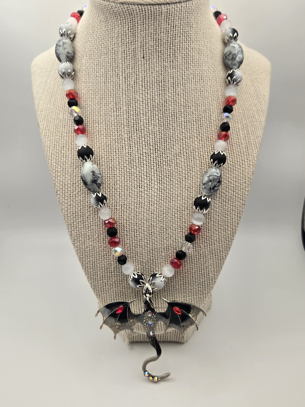 Gothic Black & Red Dragon Pendant Beaded Necklace